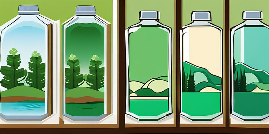 Botella de agua reutilizable y paisaje limpio y verde