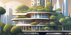 Ciudad futurista con edificios ecológicos y árboles