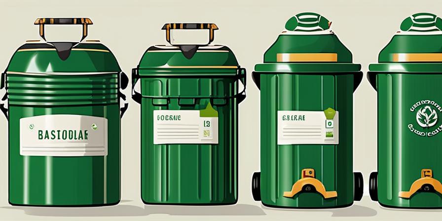 Contenedor de basura con botes de pintura reciclados y etiquetas ecológicas