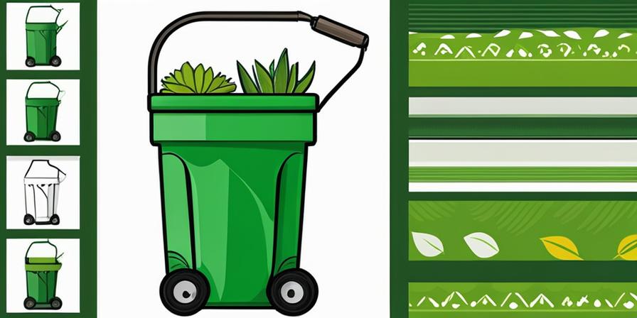 Contenedor de basura verde con flechas y plantas creciendo