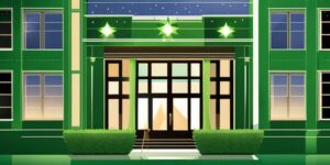 Alt text: Ilustración de un edificio con estrellas brillantes verdes