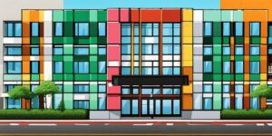 Edificio de colores brillantes con bloques reciclados