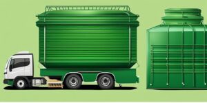 Contenedor verde con etiquetas de residuos peligrosos y reciclaje