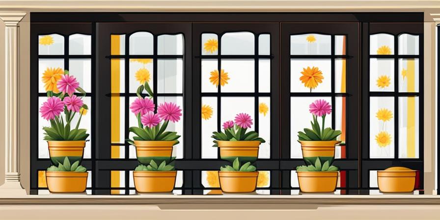 Frasco de vidrio con flores en ventana
