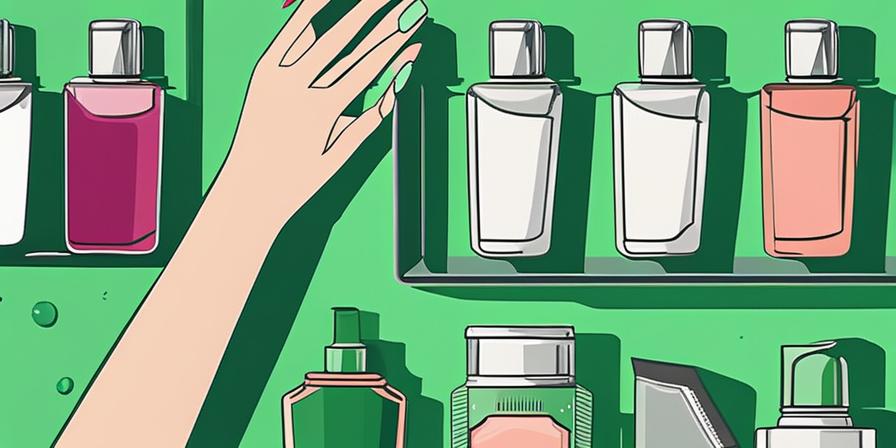 Mano sosteniendo frasco esmalte uñas frente a contenedor reciclaje verde